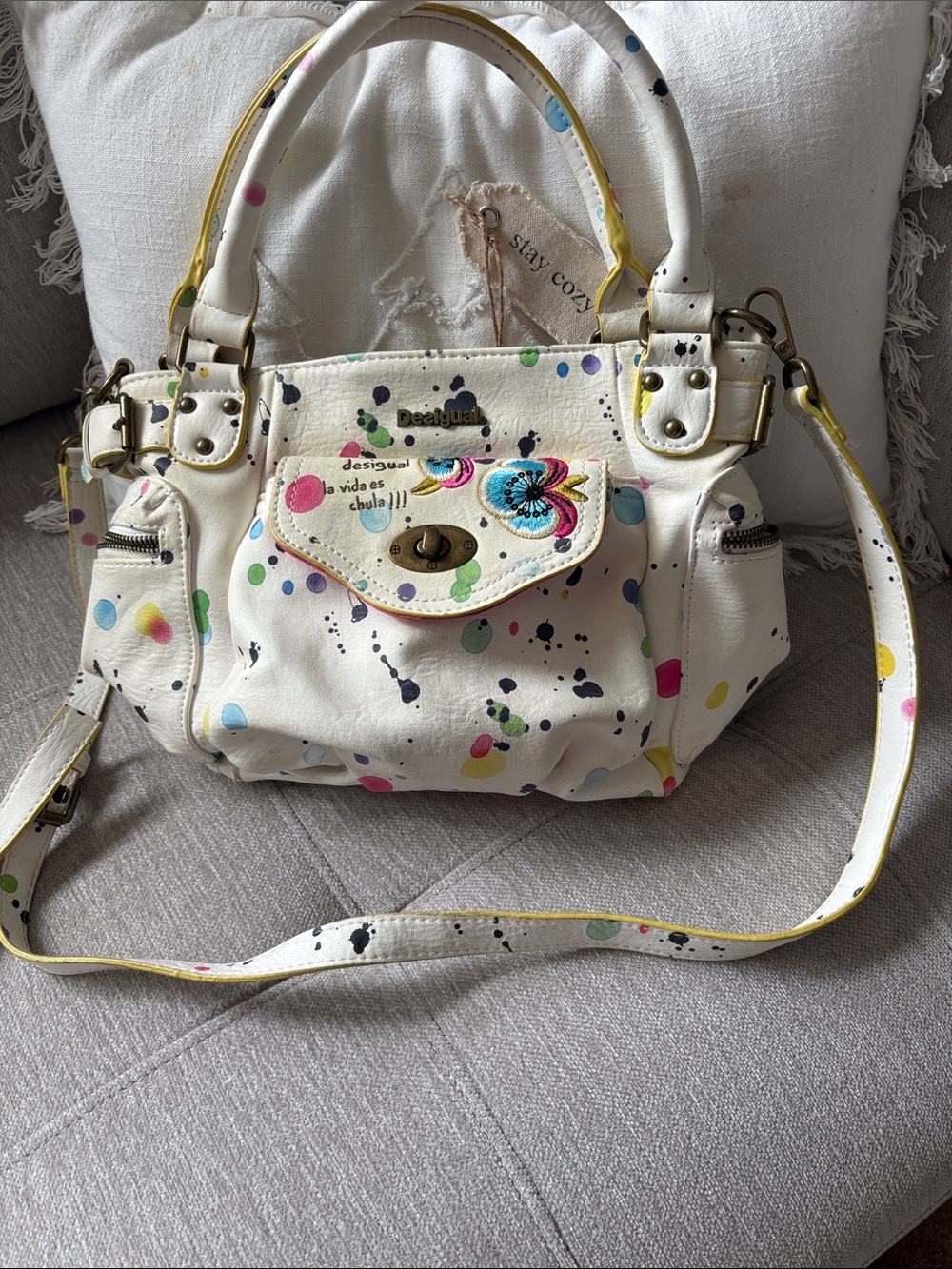 Desigual White Multicolor Paint-Splash Satchel with Embroidered Flower